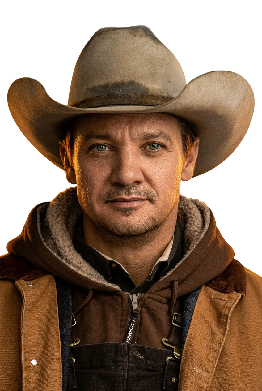 Portrait of Jeremy Renner in a weathered cowboy hat under warm amber light